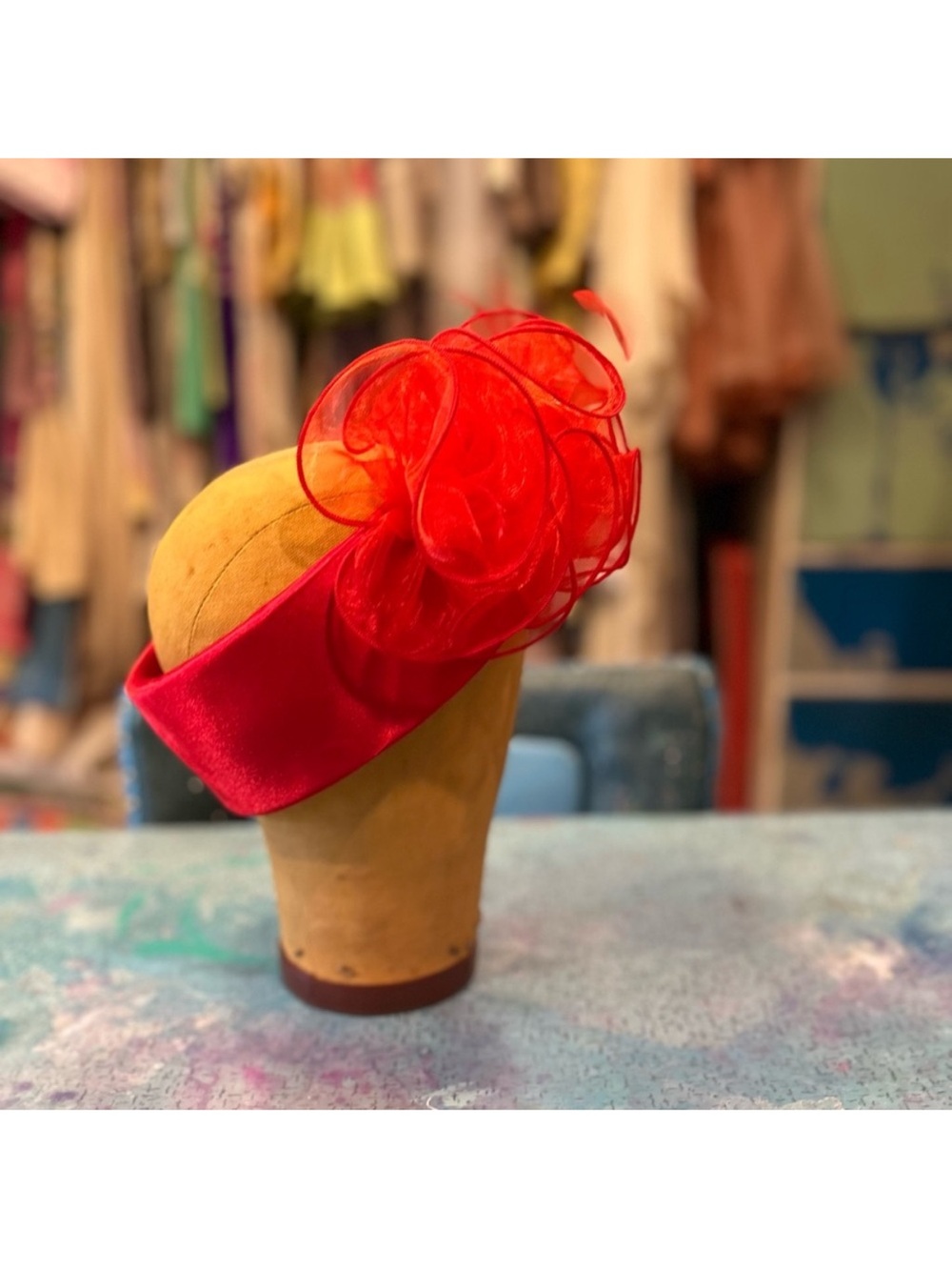 Vintage Red Satin Headpiece with Red Mesh Floral Accent
